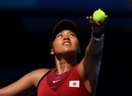 Naomi Osaka serving during the match
